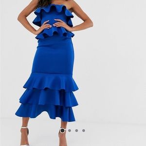 Frill Layer Bandeau Midaxi Dress in Cobalt Blue
